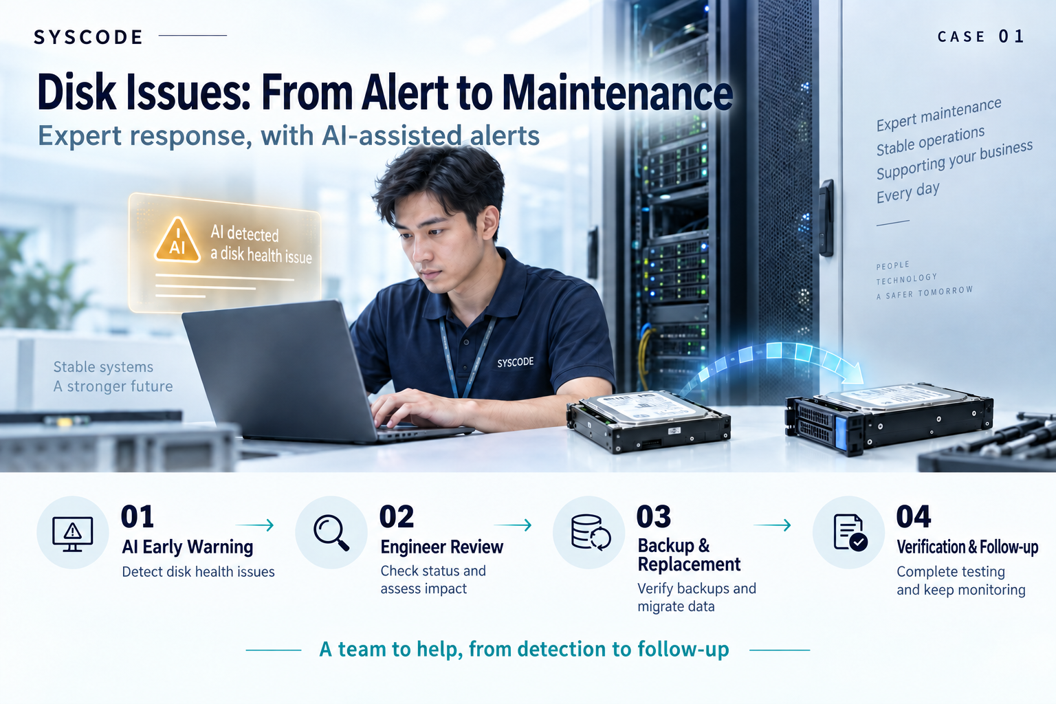 A SYSCODE engineer maintains a server through four steps: AI alert, engineer review, backup and replacement, verification and follow-up