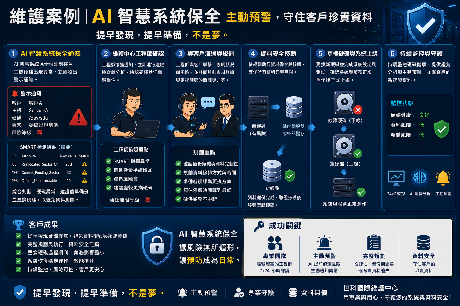 AI 智慧系統保全從硬碟壞軌預警、工程師確認、客戶溝通、資料移轉、硬碟更換到持續監控的完整維護流程