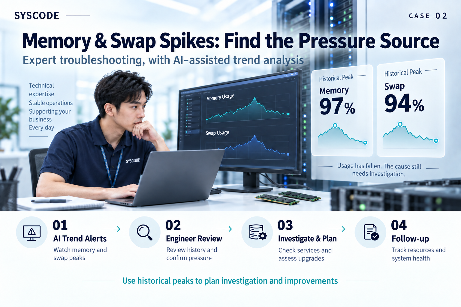 A SYSCODE engineer reviews historical memory and swap peaks of 97% and 94%, with AI trend alerts, engineering assessment, investigation, planning and follow-up