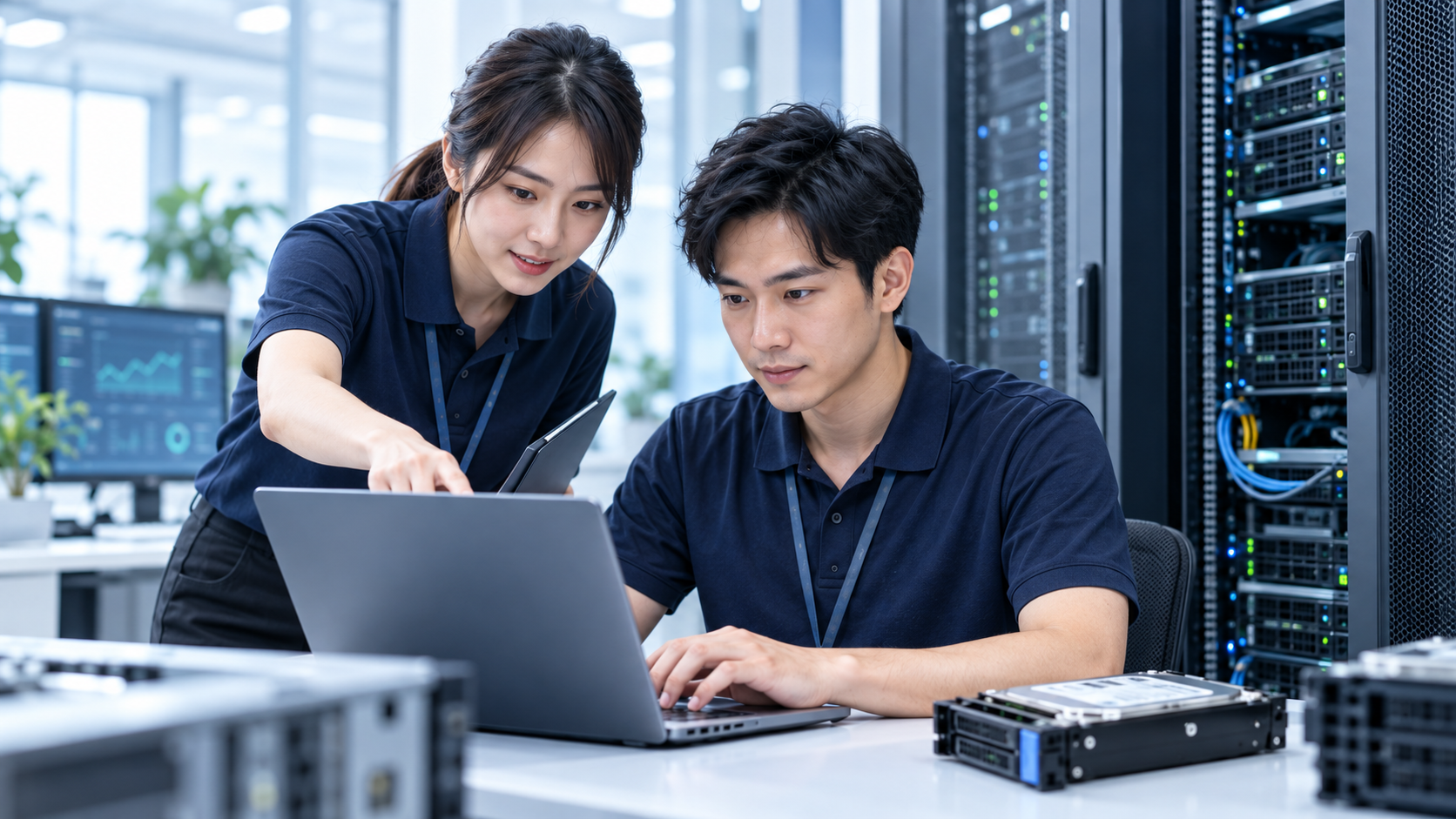 Two maintenance engineers troubleshoot systems beside servers, with monitoring trends on a background screen