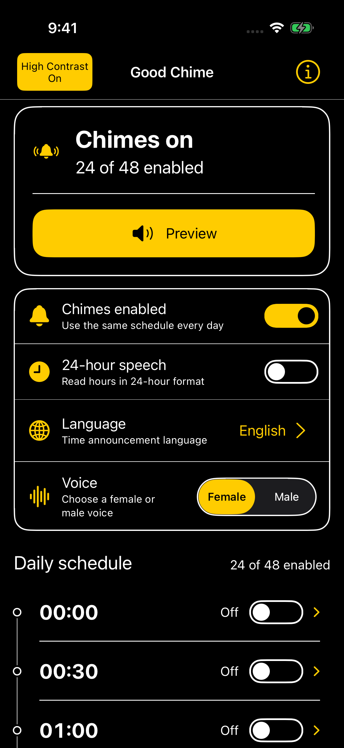 Good Chime high-contrast app screenshot in English, with a black background, white text and yellow controls