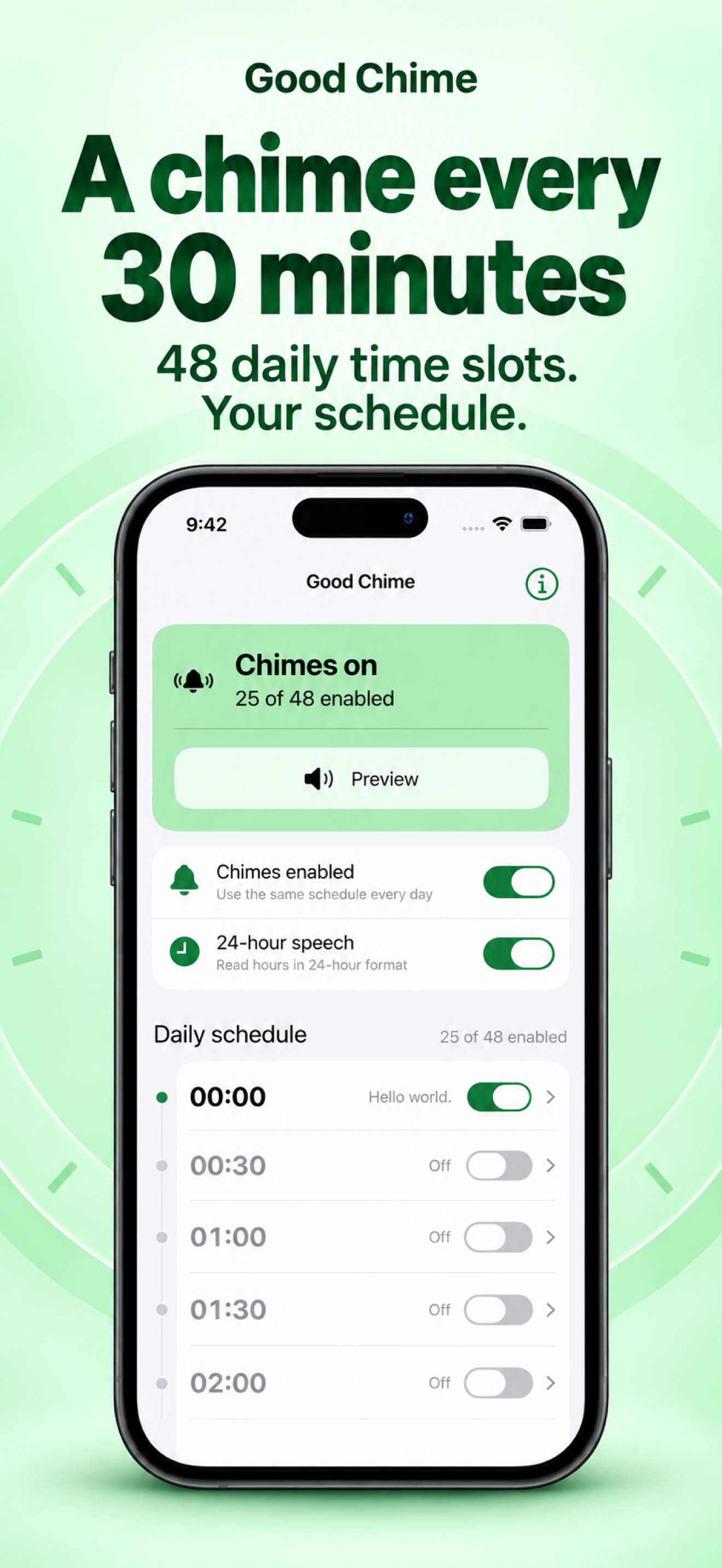 Good Chime app preview showing its chime controls and daily schedule
