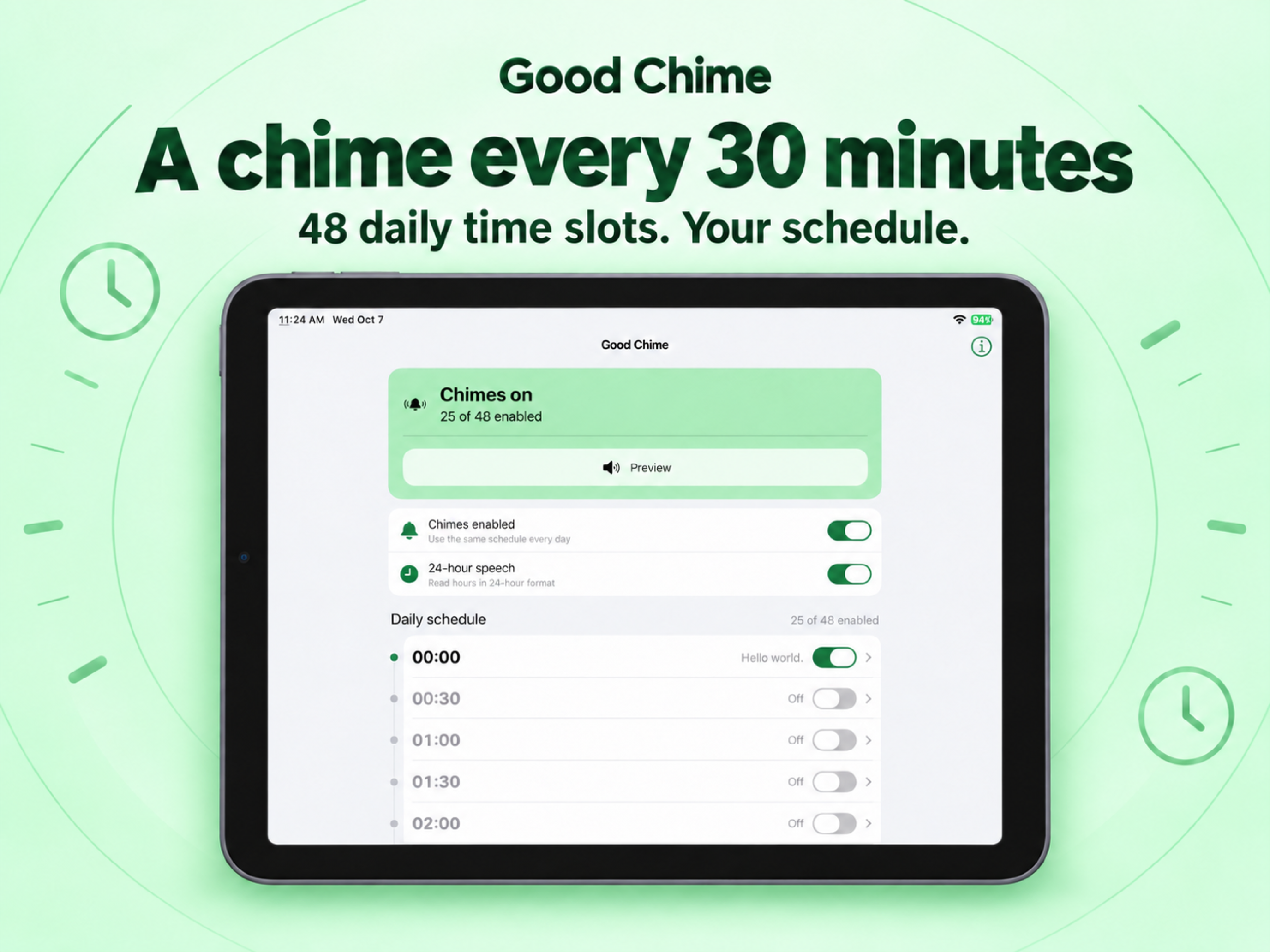Good Chime on iPad in landscape orientation, showing chime controls and the daily schedule