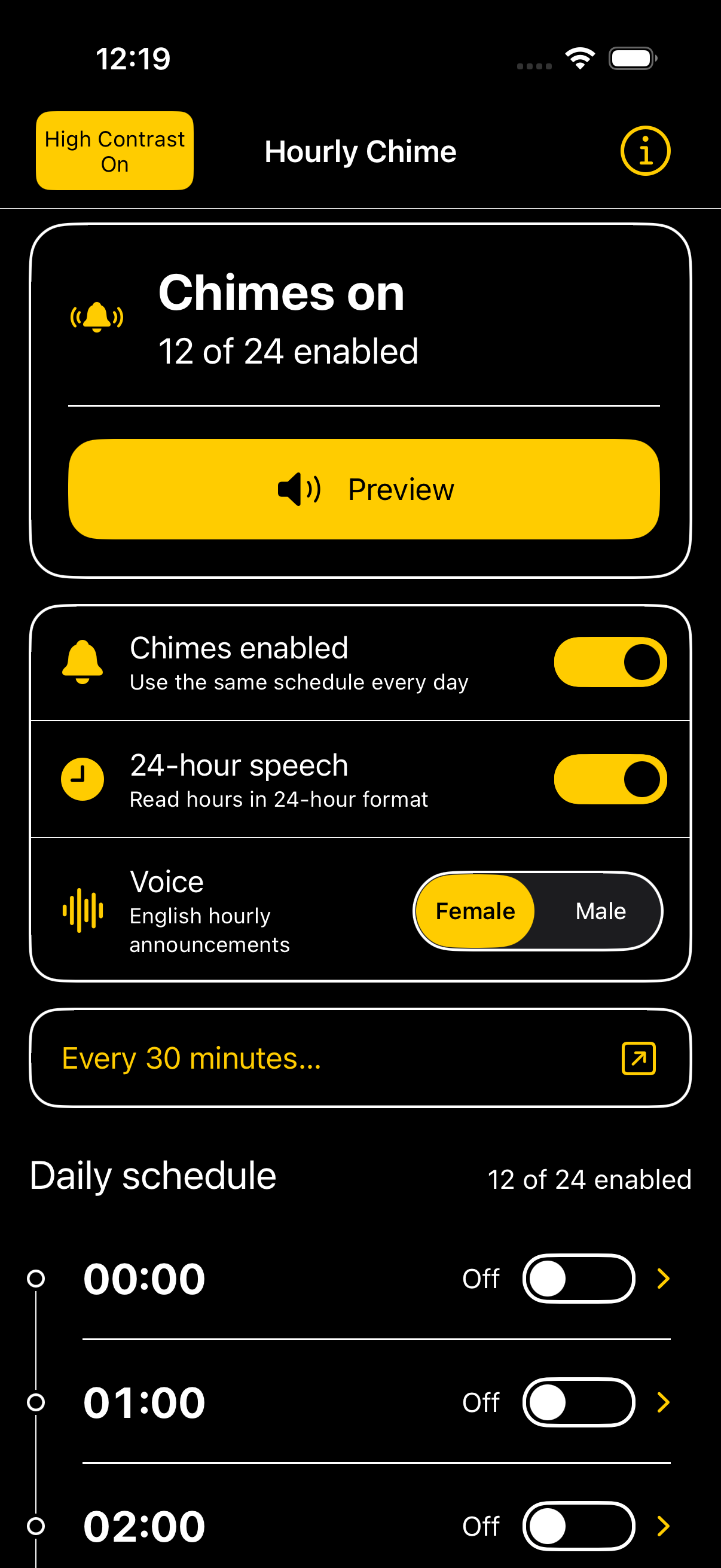 Hourly Chime high-contrast app screenshot in English, with a black background, white text and yellow controls