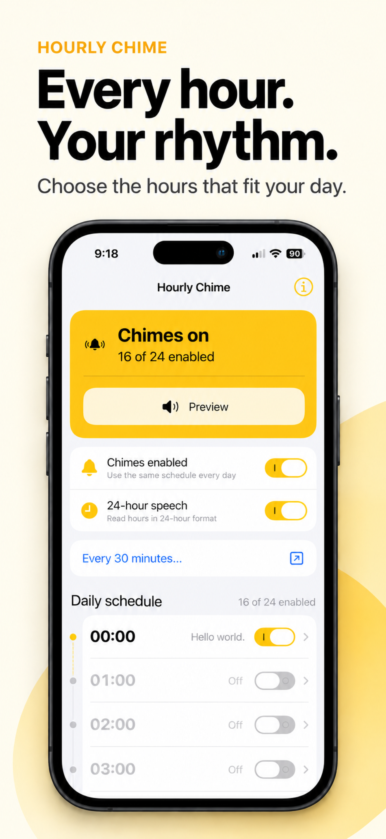 Hourly Chime app preview showing its chime controls and daily schedule