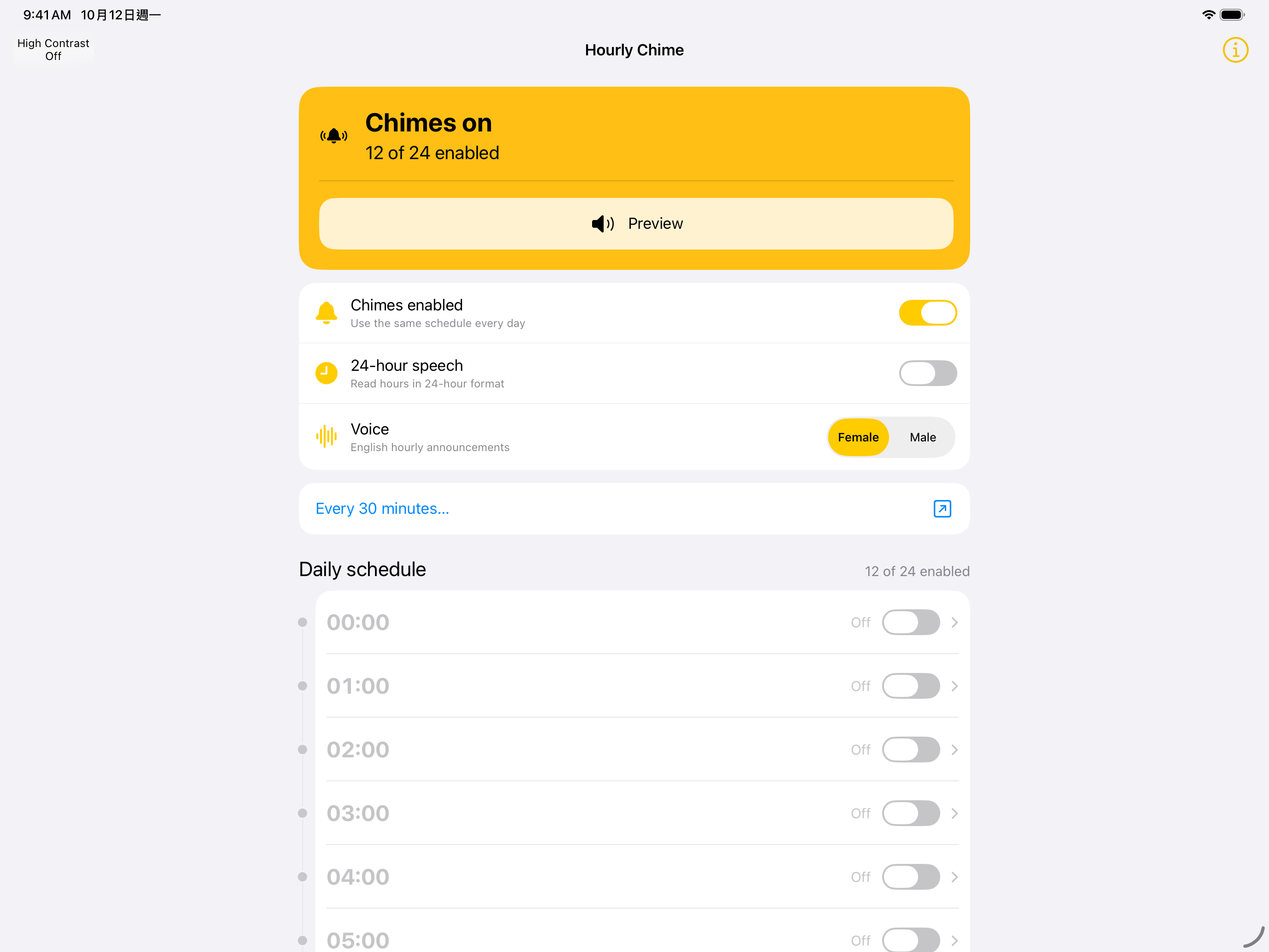 Hourly Chime on iPad in landscape orientation, showing chime controls and the daily schedule